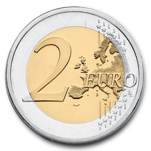 Zajednička strana kovanice od 2 eura s oznakom vrijednosti i prikazom Europe.